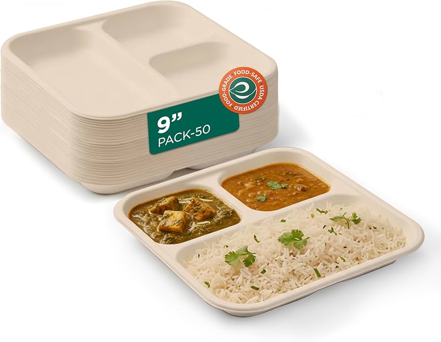 3 Compartment Compostable Bagasse Tray